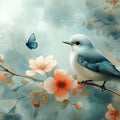 Bird and Flowers Mural Wallpaper in Living Room Beige, Orange, Blue, and Green Bird and Flowers -3 Mural Wallpaper - room preview 02