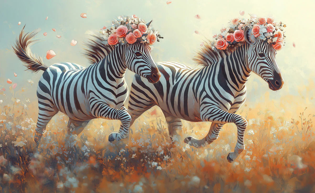 Zebra with Flowers Mural Wallpaper in Living Room Black, White, Pink, and Various Colors of Zebra Mural Wallpaper - room preview 02