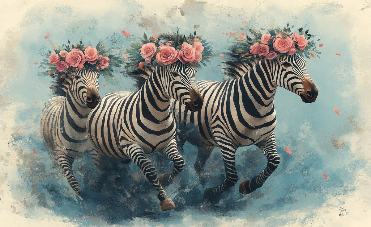 Zebra with Flowers Mural Wallpaper in Living Room Black, White, Pink, and Various Colors of Zebra -1 Mural Wallpaper - room preview 02