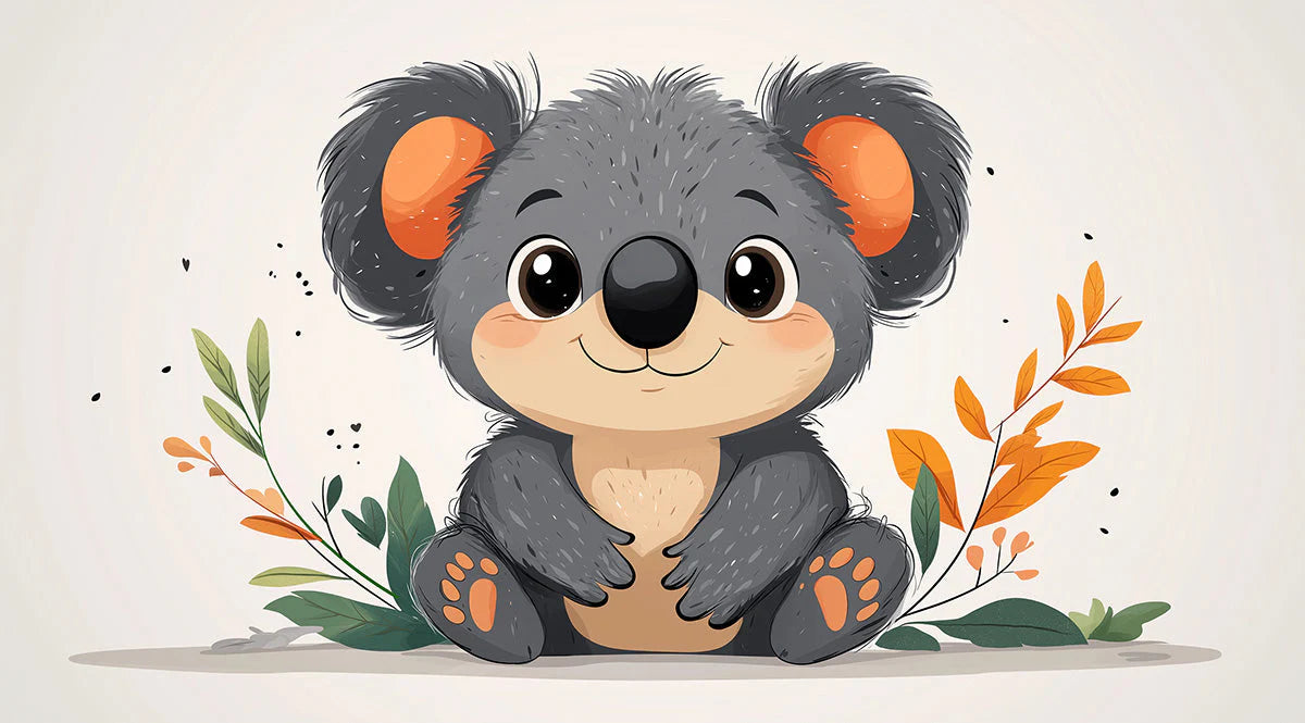 Koala Mural Wallpaper in Bedroom Gray, Orange, Green, and Various Colors Koala Mural Wallpaper - room preview 02