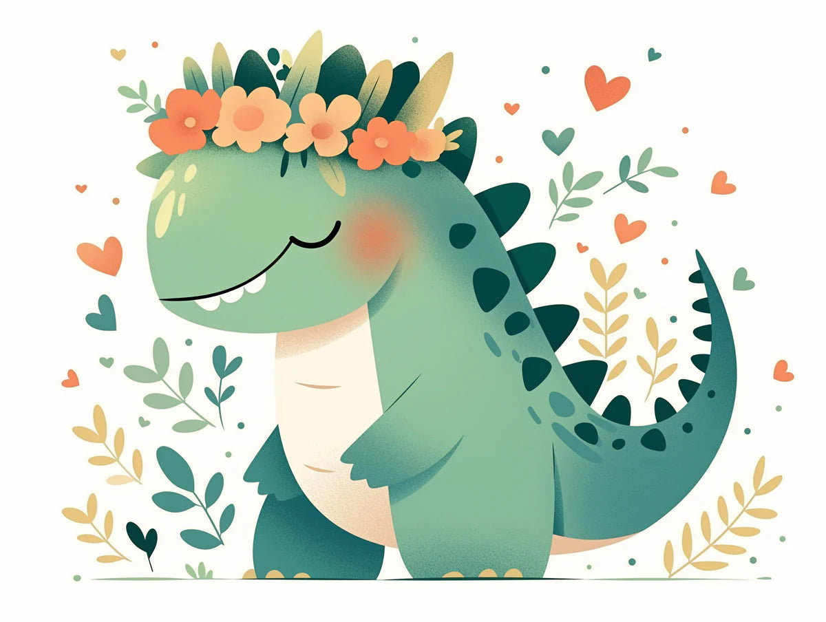 Dinosaur with Flower Crown Mural Wallpaper in Study Green, Orange, and Various Pastel Colors of Dinosaur Mural Wallpaper - room preview 02