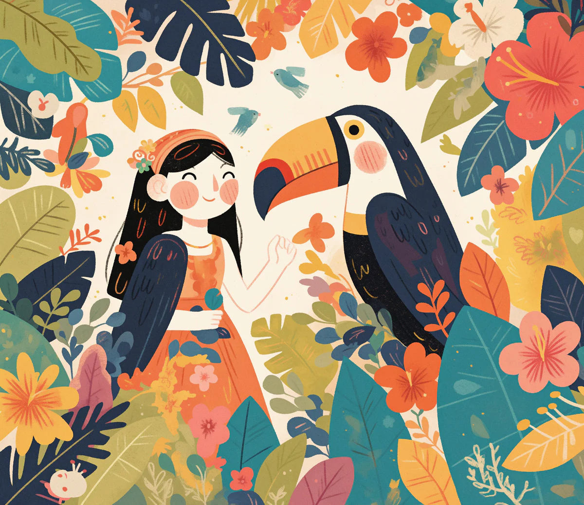 Girl and Toucan Mural Wallpaper in Child's Bedroom Various Colors (Orange, Blue, Green, etc.) of Toucan Mural Wallpaper - room preview 02