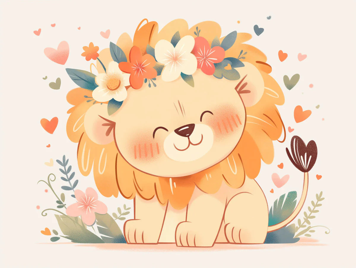 Cute Lion with Flower Crown Mural Wallpaper in Playroom Various Colors (Orange, Pink, Green, etc.) Lion Mural Wallpaper - room preview 02