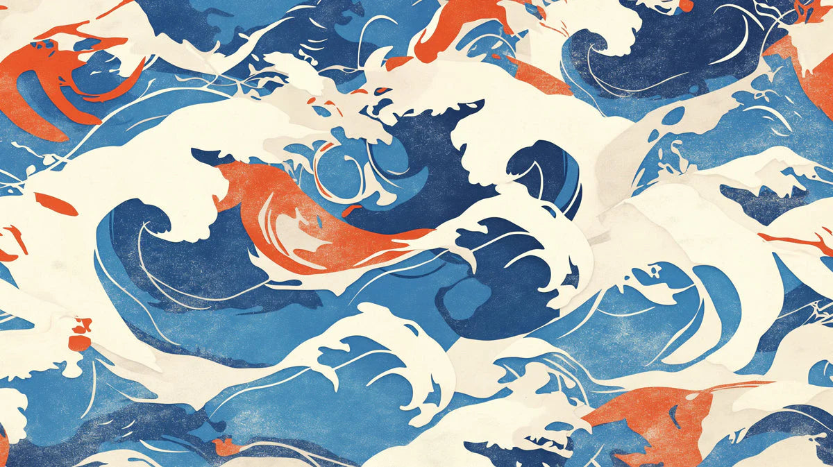 Blue and Orange Wave Mural Wallpaper in Living Room Various Colors (Blue, Orange, White, etc.) of Wave Mural Wallpaper - room preview 02