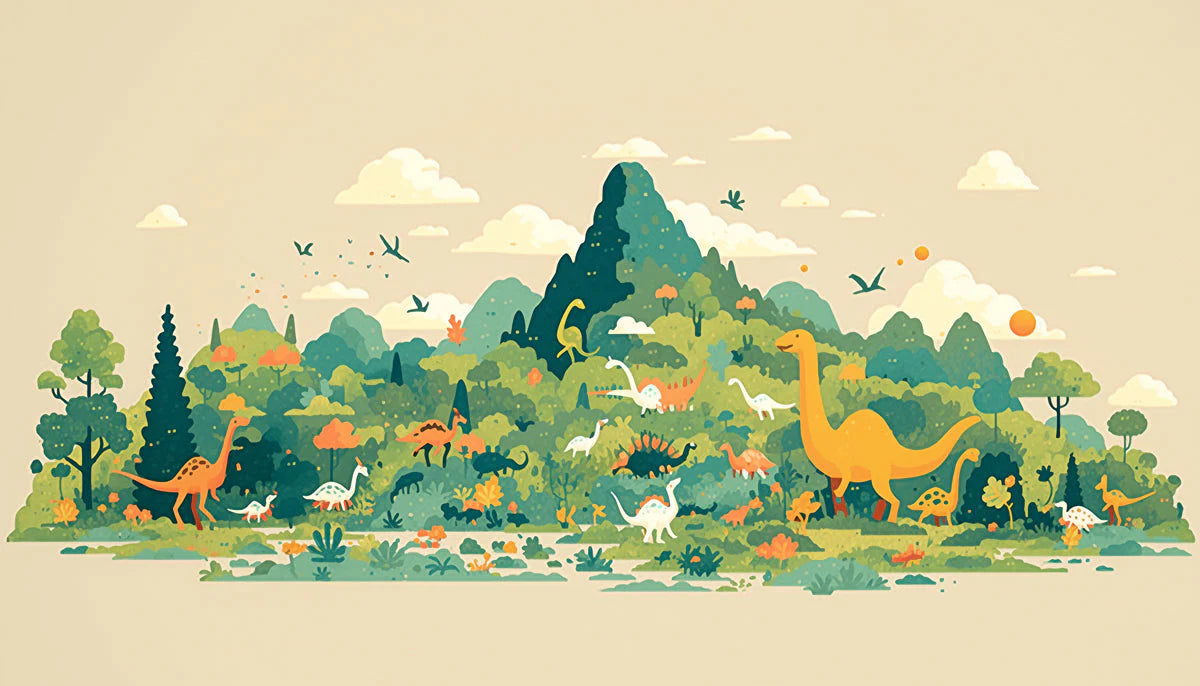 Dinosaur and Mountain Mural Wallpaper in Bedroom Various Colors (Green, Yellow, Blue, etc.) of Dinosaur Mural Wallpaper - room preview 02