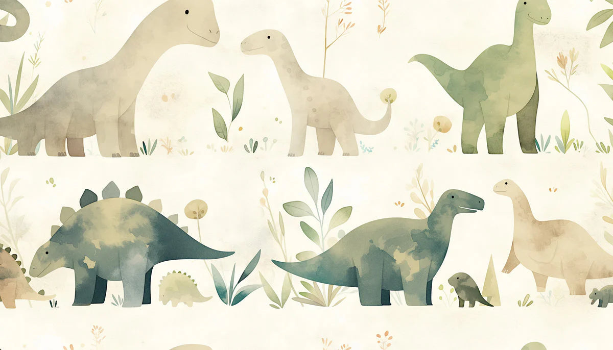 Watercolor Dinosaur Mural Wallpaper in Bedroom Beige, Green, and Various Pastel Colors of Dinosaurs Mural Wallpaper - room preview 02