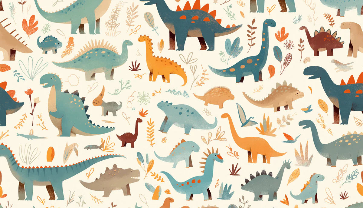 Watercolor Dinosaur Mural Wallpaper in Bedroom Beige, Green, and Various Pastel Colors of Dinosaurs Mural Wallpaper - room preview 02