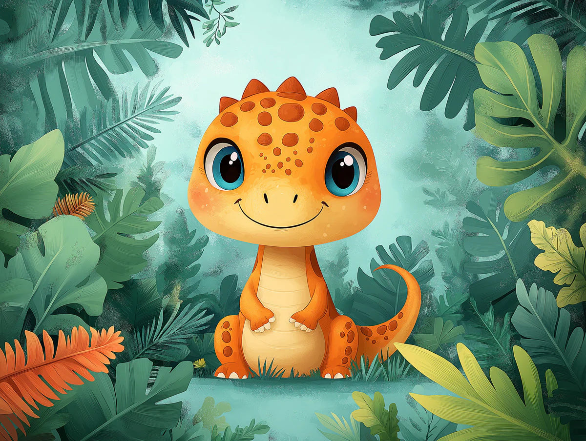 Cute Dinosaur in Jungle Mural Wallpaper in Bedroom Green, Orange, and Various Colors of Dinosaur Mural Wallpaper - room preview 02