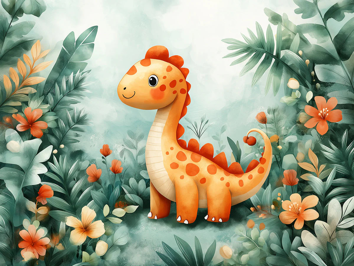 Cute Dinosaur in Jungle Mural Wallpaper in Bedroom Green, Orange, and Various Colors of Dinosaur Mural Wallpaper - room preview 02
