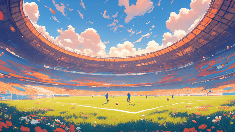 Kids Room Wallpaper Mural – Children Wall Mural for playroom – Stadium in Playroom Blue, Orange, and Various Colors of Stadium printable artwork