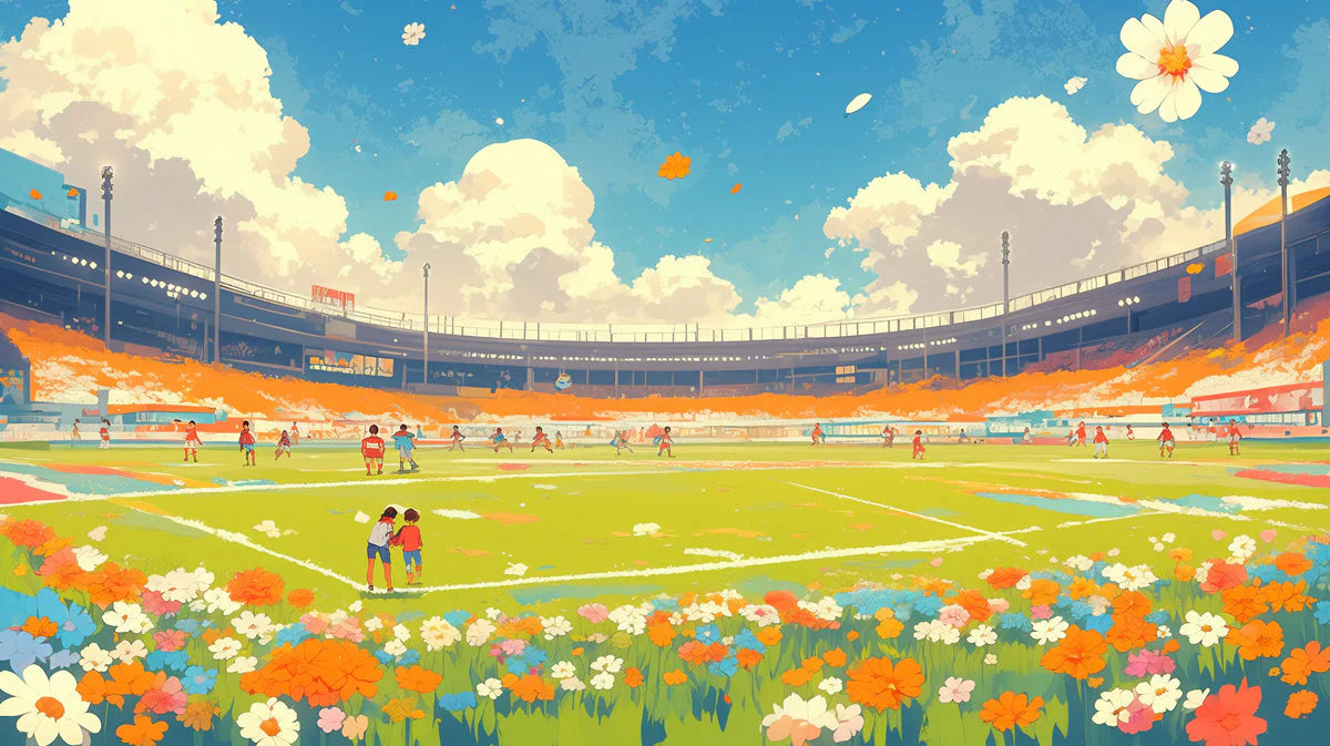 Stadium Mural Wallpaper in Playroom Blue, Orange, and Various Colors of Stadium Mural Wallpaper - room preview 02
