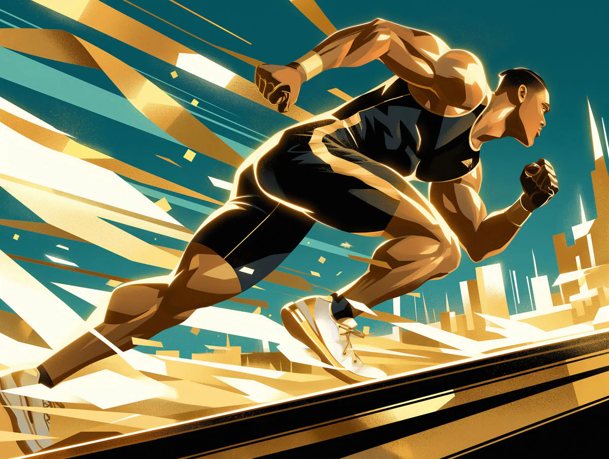 Running Athlete Mural Wallpaper in Living Room Blue, Gold, and Black Running Athlete Mural Wallpaper - room preview 02