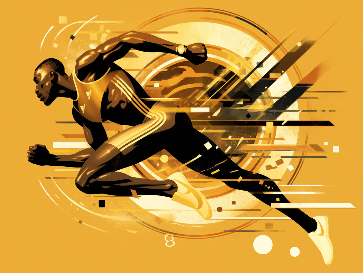 Running Athlete Mural Wallpaper in Living Room Blue, Gold, and Black Running Athlete Mural Wallpaper - room preview 02