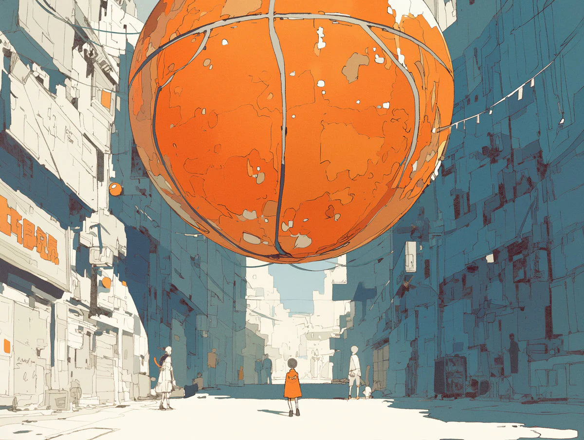 Giant Basketball in Alley Mural Wallpaper in Bedroom Orange, Blue, and Various Colors Basketball Mural Wallpaper - room preview 02