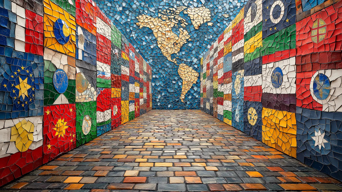 World Map Mosaic Mural Wallpaper in Living Room Various Colors (Blue, Red, Yellow, etc.) of World Map Mural Wallpaper - room preview 02