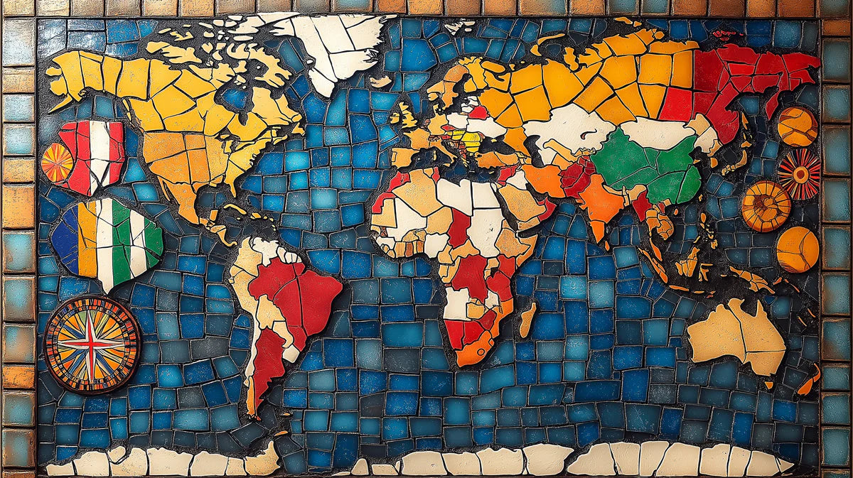 World Map Mosaic Mural Wallpaper in Living Room Various Colors (Blue, Red, Yellow, etc.) of World Map Mural Wallpaper - room preview 02