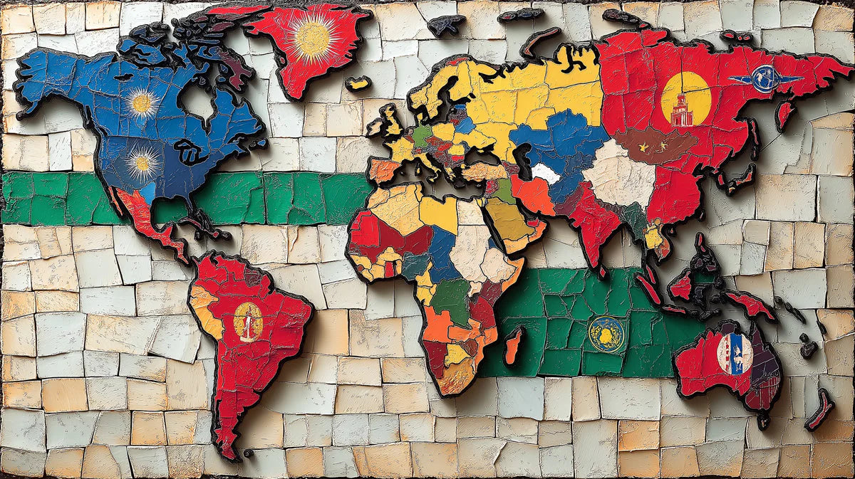 World Map Mosaic Mural Wallpaper in Living Room Various Colors (Blue, Red, Yellow, etc.) of World Map Mural Wallpaper - room preview 02