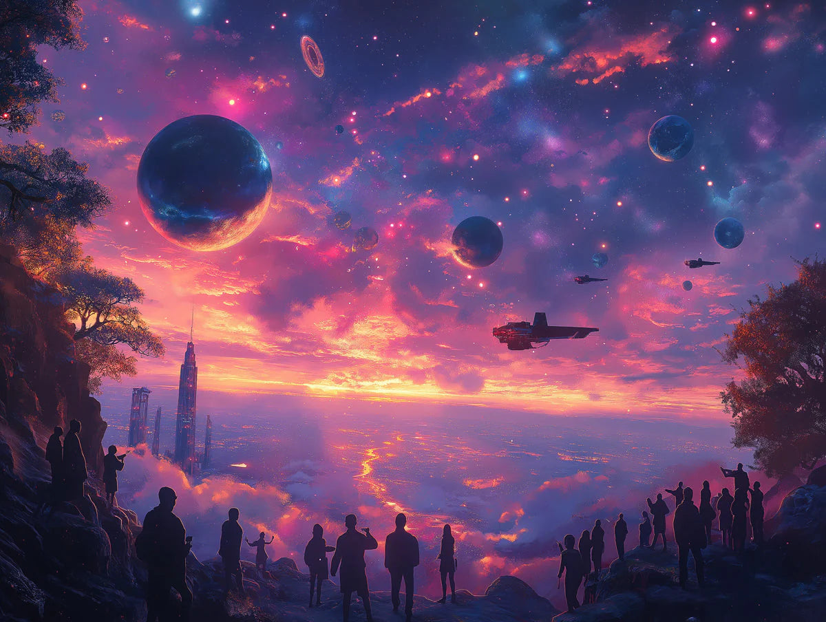 Cosmic Landscape Mural Wallpaper in Office Various Colors (Purple, Orange, Blue, etc.) of Spaceship Mural Wallpaper - room preview 02