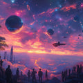 Cosmic Landscape Mural Wallpaper in Office Various Colors (Purple, Orange, Blue, etc.) of Spaceship Mural Wallpaper - room preview 02