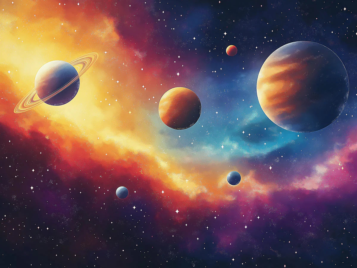 Cartoon Space Scene Wallpaper in Child's Room Various Colors of Space (Pink, Yellow, Blue, etc.) Mural Wallpaper - room preview 02