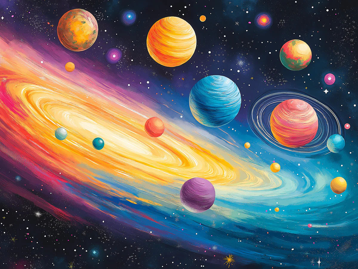 Cartoon Space Scene Wallpaper in Child's Room Various Colors of Space (Pink, Yellow, Blue, etc.) Mural Wallpaper - room preview 02