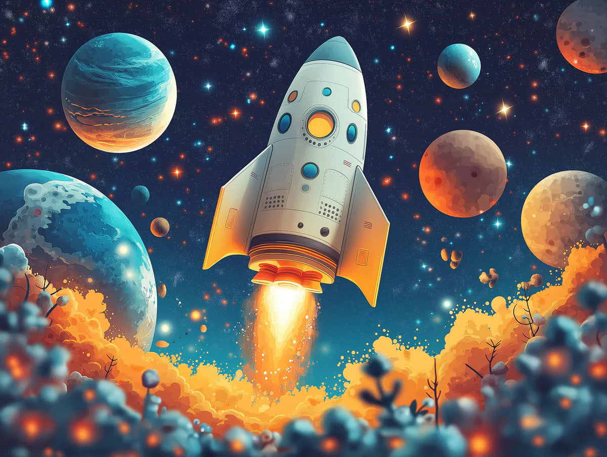 Rocket Launch Mural Wallpaper in Bedroom Various Colors (Blue, Red, Orange, etc.) of Rocket Mural Wallpaper - room preview 02