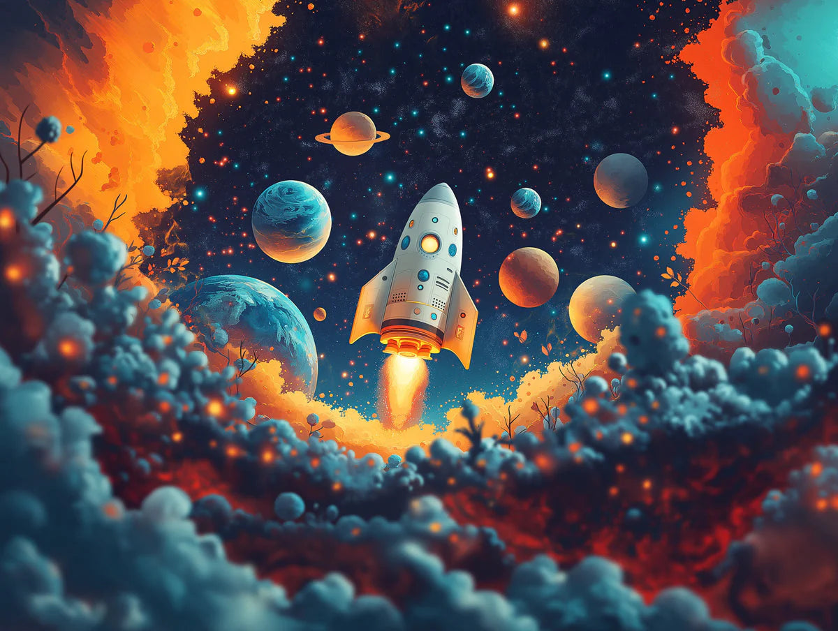 Rocket Launch Mural Wallpaper in Bedroom Various Colors (Blue, Red, Orange, etc.) of Rocket Mural Wallpaper - room preview 02