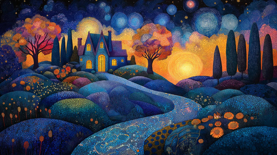 Kids Room Wallpaper Mural – Children Wall Mural for bedroom – Starry Night Cottage in Bedroom Various Colors (Blue, Orange, Yellow, etc.) of Cottage printable artwork