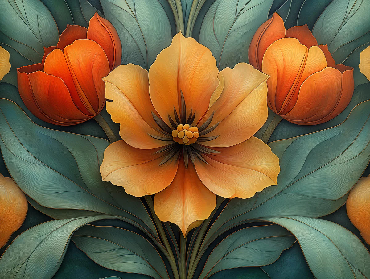 Giant Tulip Mural Wallpaper in Living Room Various Colors (Orange, Green, etc.) of Tulip Mural Wallpaper - room preview 02