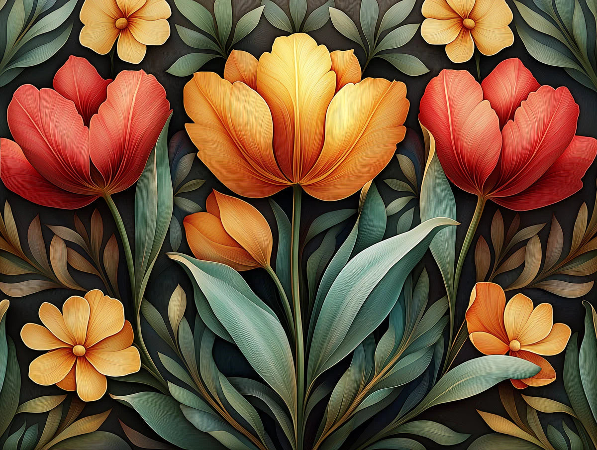 Giant Colorful Tulip Mural Wallpaper in Living Room Various Colors (Orange, Green, etc.) of Tulip Mural Wallpaper - room preview 02