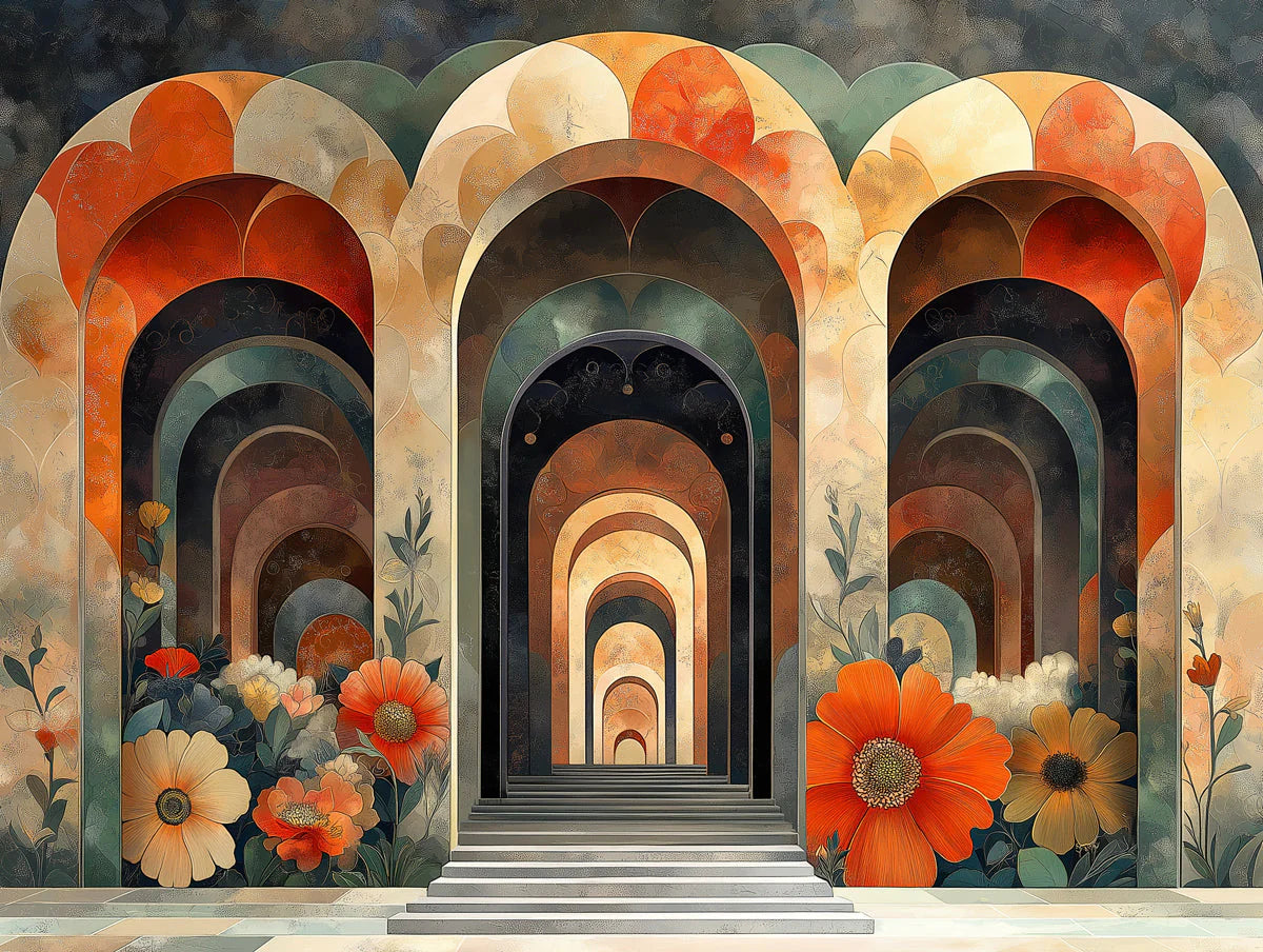 Floral Stained Glass Wallpaper in Living Room Various Colors (Red, Orange, Green, etc.) of Flowers Mural Wallpaper - room preview 02