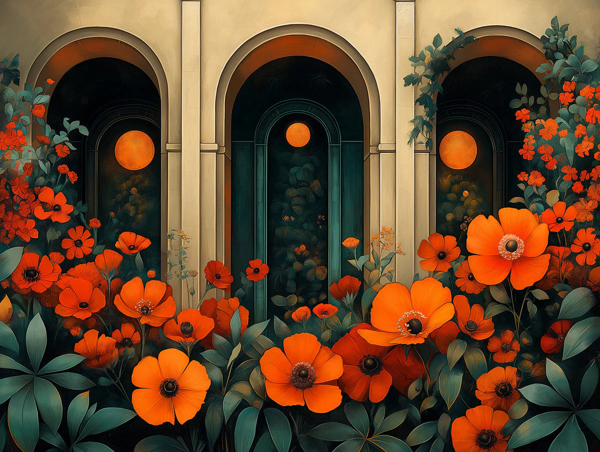 Floral Stained Glass Wallpaper for commercial space Various Colors (Red, Orange, Green, etc.) of Flowers Mural Wallpaper - room preview 02