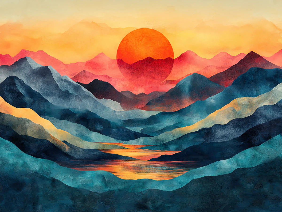 Mountain Sunset Mural Wallpaper in Bedroom Various Colors (Orange, Red, Blue, etc.) of Sunset Mural Wallpaper - room preview 02