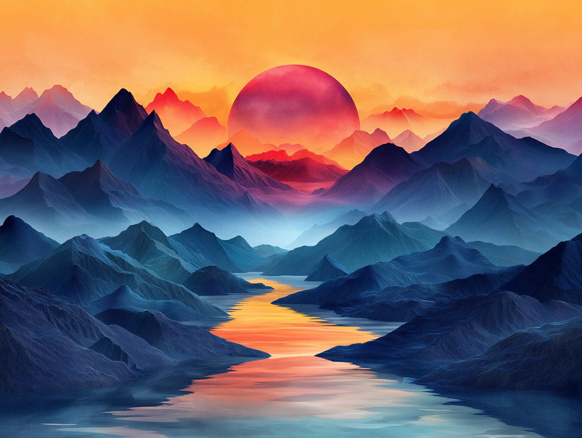 Mountain Sunset Mural Wallpaper in Living Room Various Colors (Orange, Red, Blue, etc.) of Sunset Mural Wallpaper - room preview 02