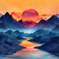 Mountain Sunset Mural Wallpaper in Living Room Various Colors (Orange, Red, Blue, etc.) of Sunset Mural Wallpaper - room preview 02