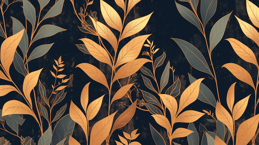 Botanical Wallpaper Mural – Leaf & Plant Wall Mural for living room – Dark Leafy in Living Room Various Colors (Gold, Green, Black, etc) of Leaves printable artwork