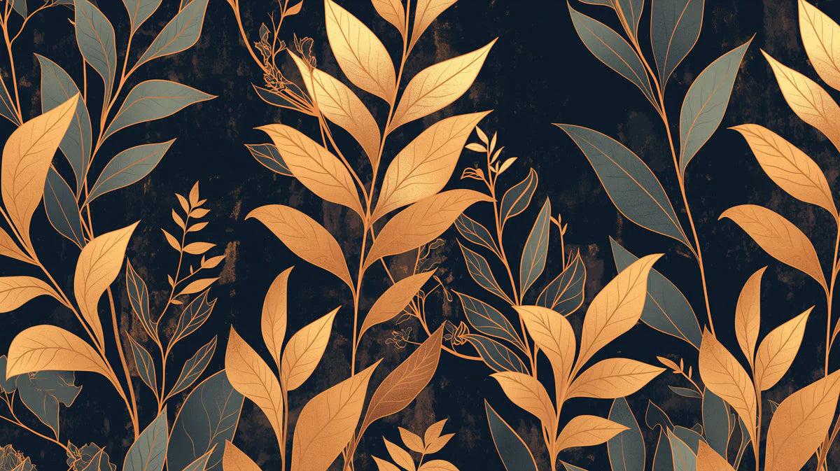 Dark Leafy Wallpaper in Living Room Various Colors (Gold, Green, Black, etc) of Leaves Mural Wallpaper - room preview 02