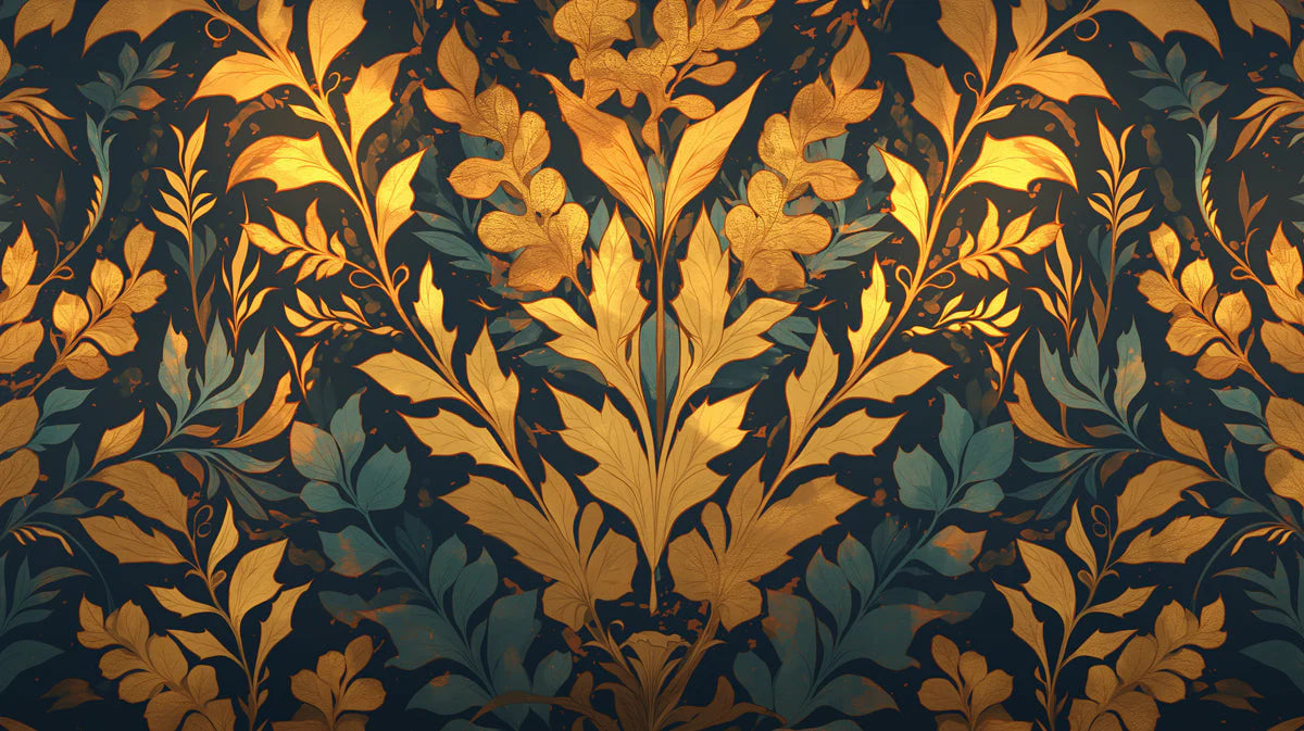 Dark Leafy Wallpaper in Living Room Various Colors (Gold, Green, Black, etc) of Leaves Mural Wallpaper - room preview 02