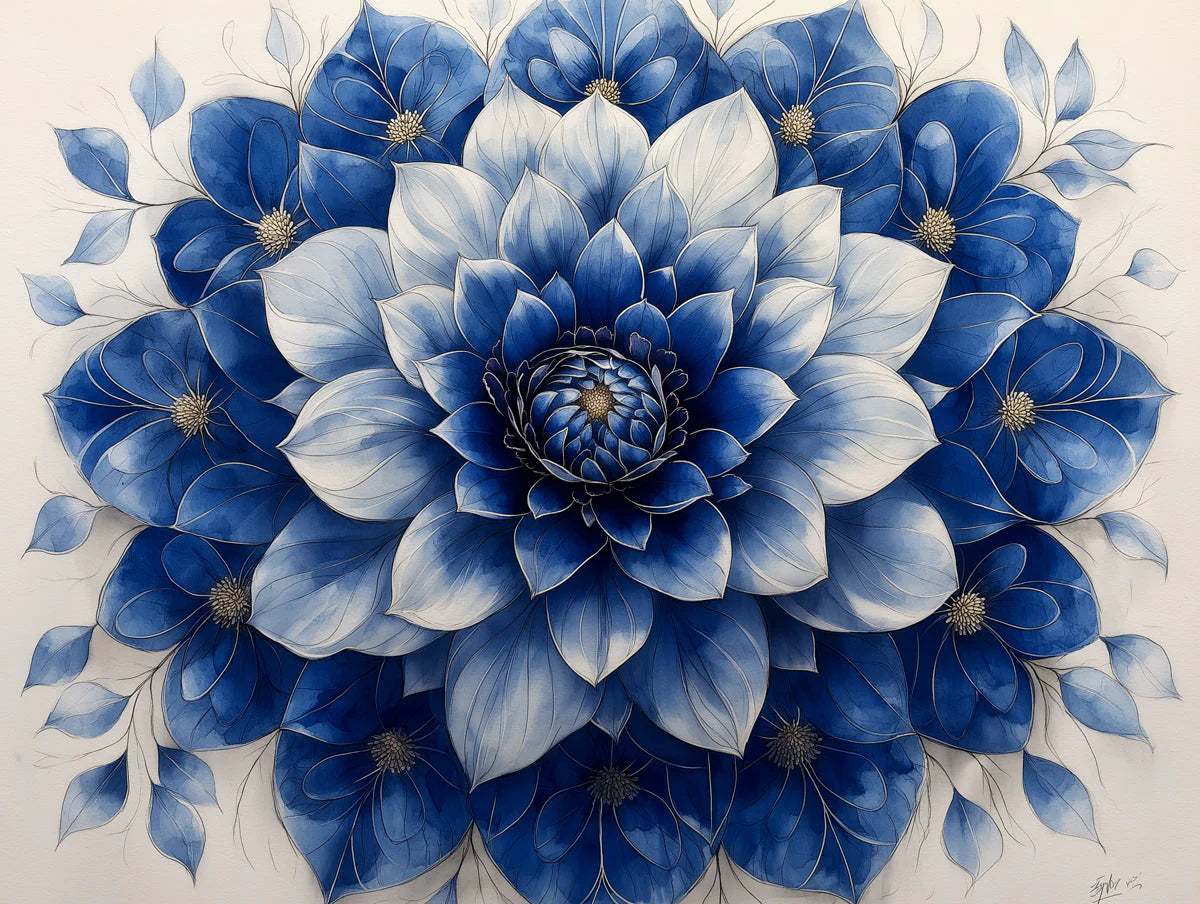 Blue Floral Wallpaper in Bedroom Various Colors (Blue, White, etc.) of Flowers Mural Wallpaper - room preview 02