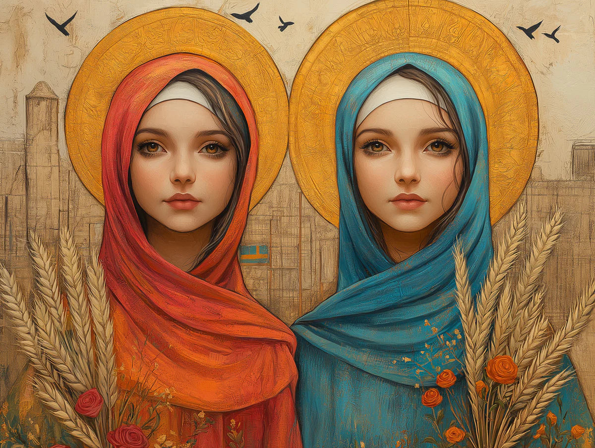 Twin Girls with Halos Wallpaper in Living Room Various Colors (Red, Blue, Gold, etc.) of Islamic Girls Mural Wallpaper - room preview 02