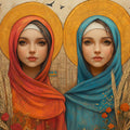 Twin Girls with Halos Wallpaper in Living Room Various Colors (Red, Blue, Gold, etc.) of Islamic Girls Mural Wallpaper - room preview 02