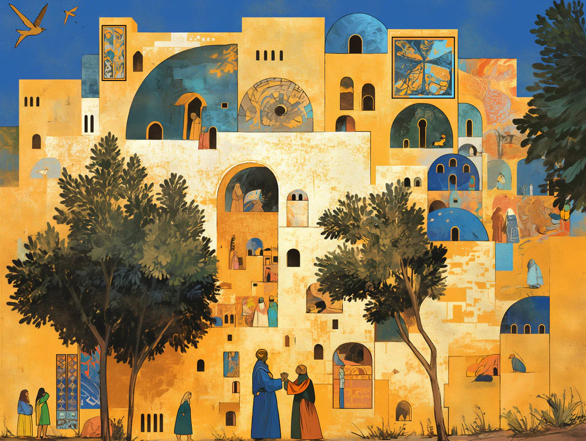 Mediterranean Village Mural Wallpaper in Living Room Various Colors (Yellow, Blue, Green, etc.) Mural Wallpaper - room preview 02