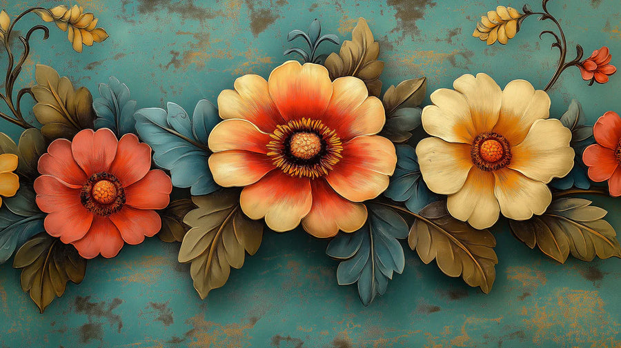 Maximalist Wallpaper Mural – Bold Colorful Wall Mural – 3D Vibrant Floral in Bedroom Various Colors (Orange, Yellow, Green, etc.) of flowers printable artwork