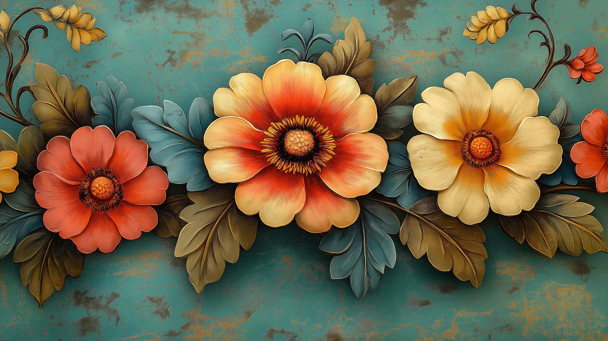 3D Vibrant Floral Mural Wallpaper in Bedroom Various Colors (Orange, Yellow, Green, etc.) of flowers Mural Wallpaper - room preview 02