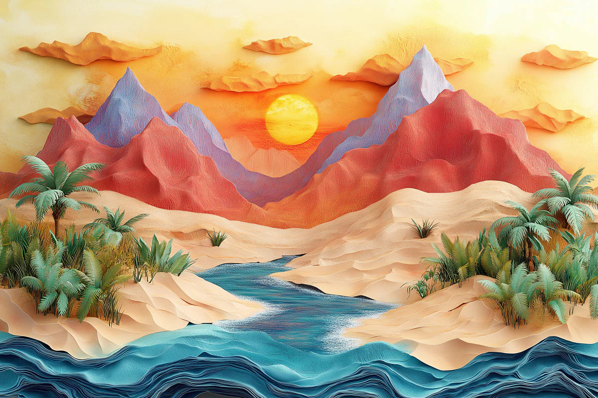 Desert Sunset Mural Wallpaper in Living Room Various Colors (Orange, Red, Blue, etc.) of Desert Sunset Mural Wallpaper - room preview 02