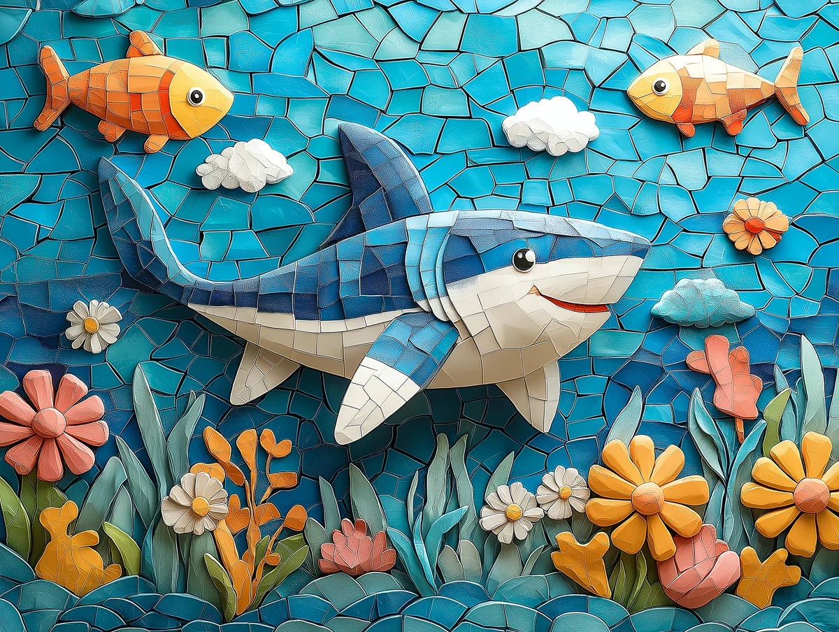 Mosaic Shark and Fish Mural Wallpaper in Bedroom Various Colors (Blue, Orange, etc.) of Shark and Fish Mural Wallpaper - room preview 02