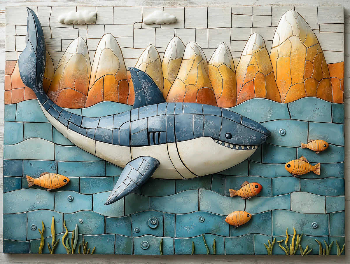 Mosaic Shark and Fish Mural Wallpaper in Bedroom Various Colors (Blue, Orange, etc.) of Shark and Fish Mural Wallpaper - room preview 02