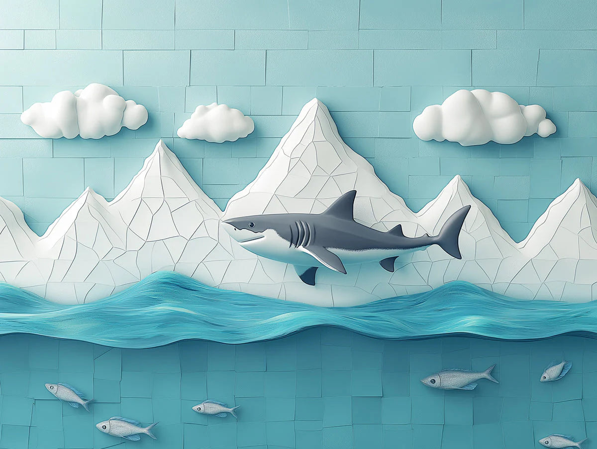 Mosaic Shark and Fish Mural Wallpaper in Bedroom Various Colors (Blue, Orange, etc.) of Shark and Fish Mural Wallpaper - room preview 02