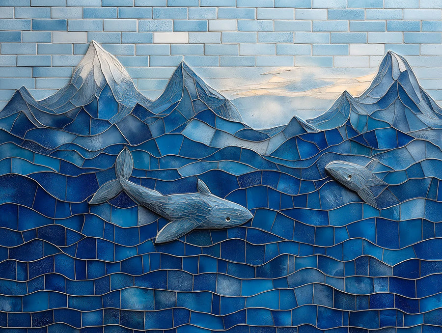 Mountain Landscape Wallpaper Mural – Alpine Scenery Wall Mural – Mosaic Ocean and Sharks in Bedroom Various Colors (Blue, Yellow, etc.) of Sharks printable artwork