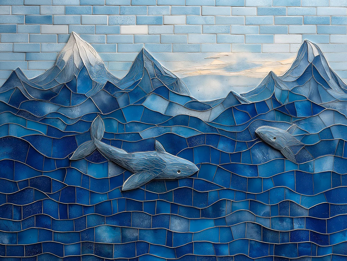 Mosaic Ocean and Sharks Mural Wallpaper in Bedroom Various Colors (Blue, Yellow, etc.) of Sharks Mural Wallpaper - room preview 02